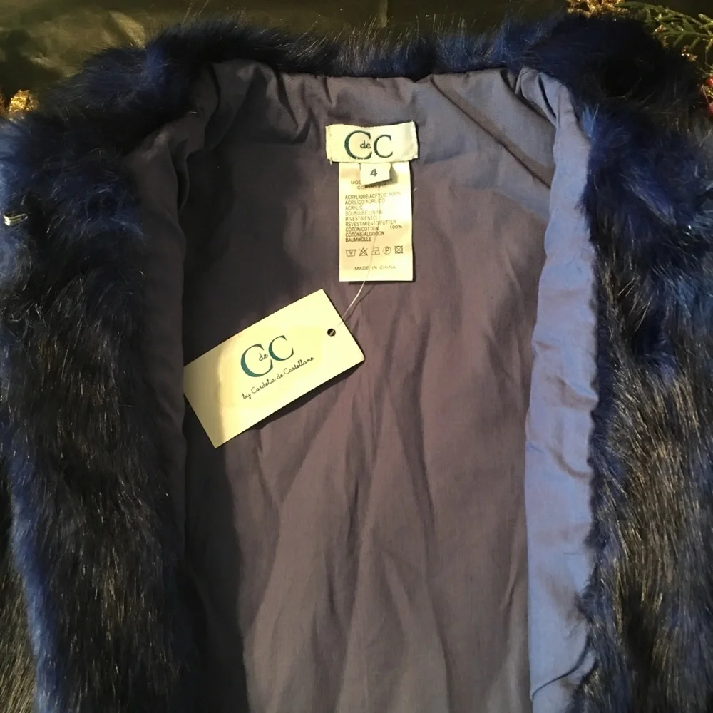 🆕🎀 C de C Faux Fur Baby Girl Vest Coat 4Y Blue
